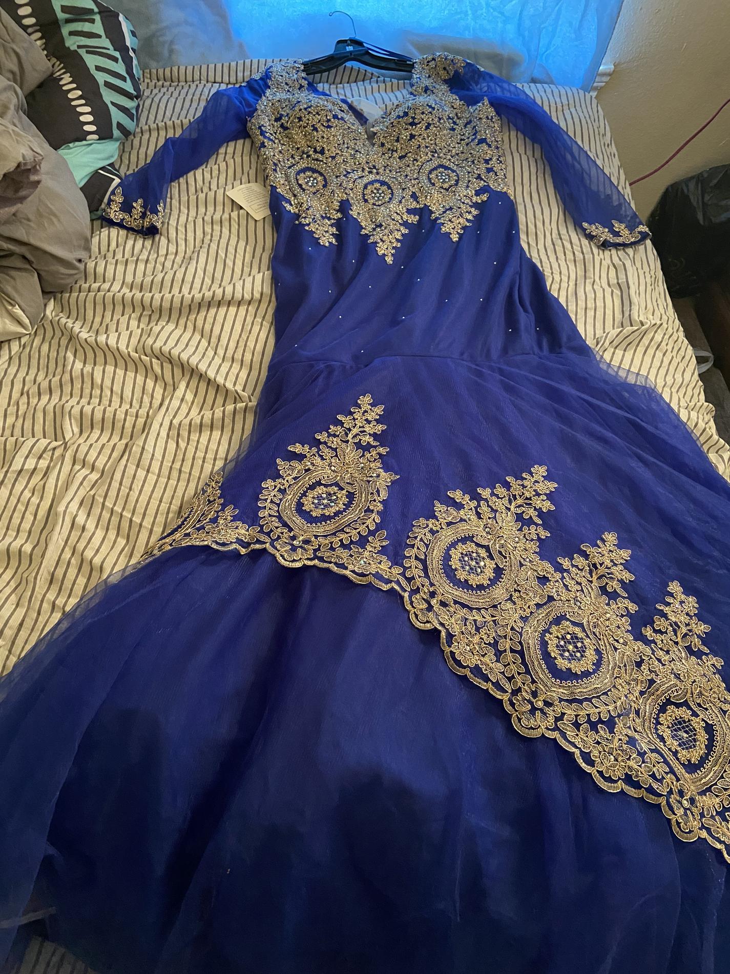 Size 12 Prom Long Sleeve Blue Ball Gown on Queenly