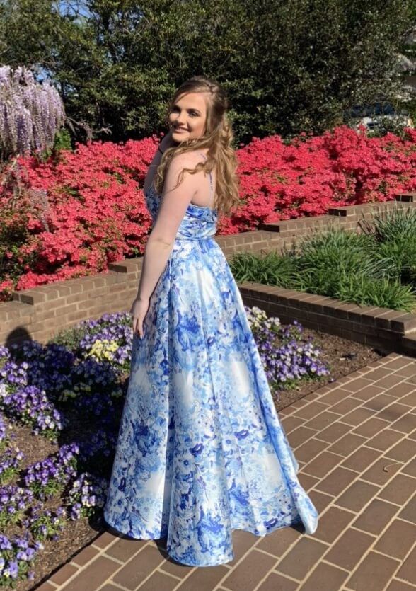 Size 10 Prom Strapless Floral Blue Ball Gown on Queenly