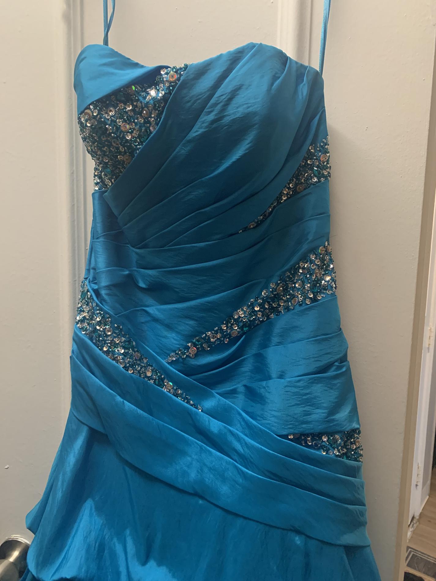Night Moves Size 4 Prom Sequined Turquoise Blue Ball Gown on Queenly