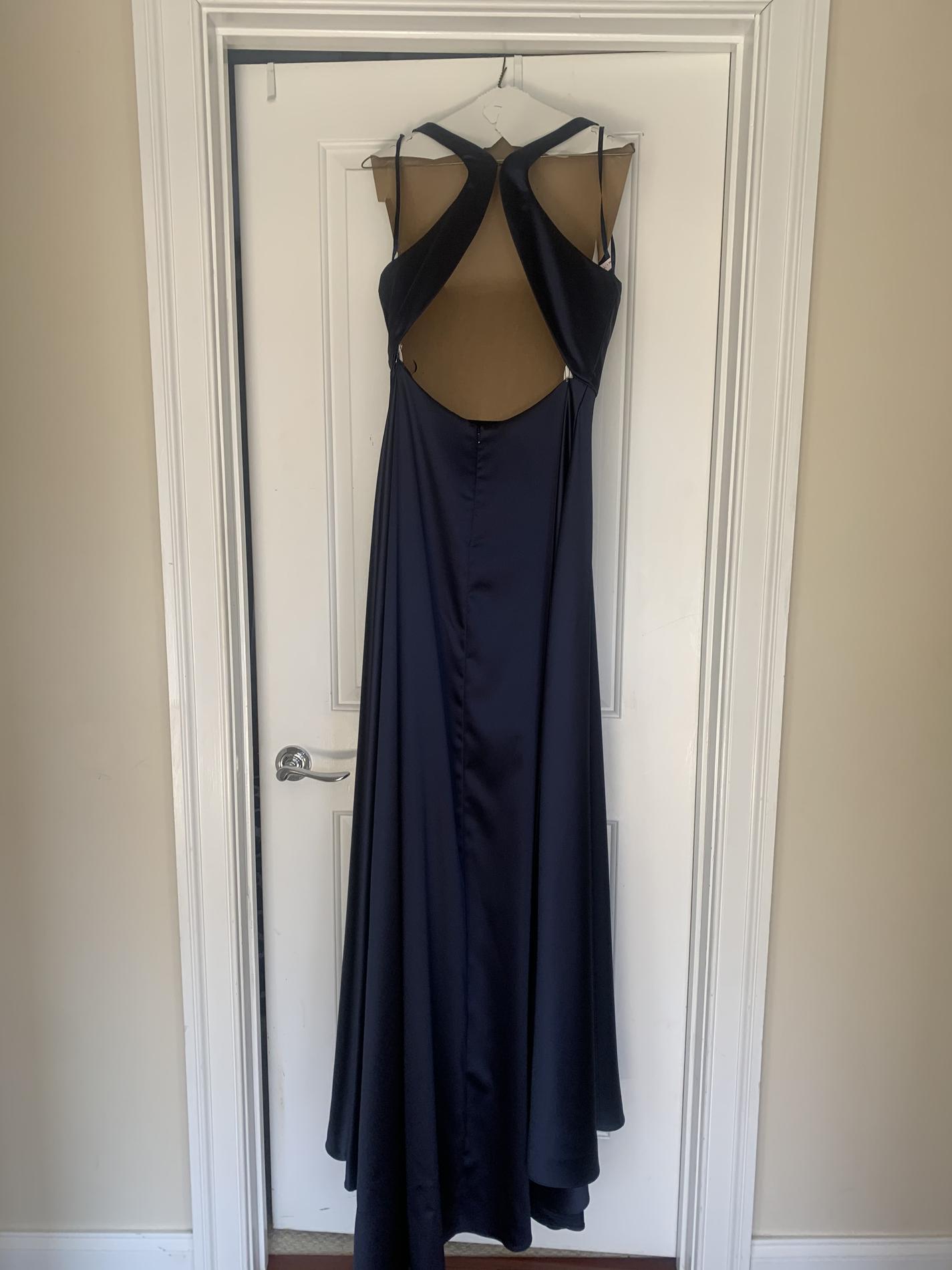 Dave and Johnny Size 8 Prom Plunge Satin Navy Blue Side Slit Dress on Queenly