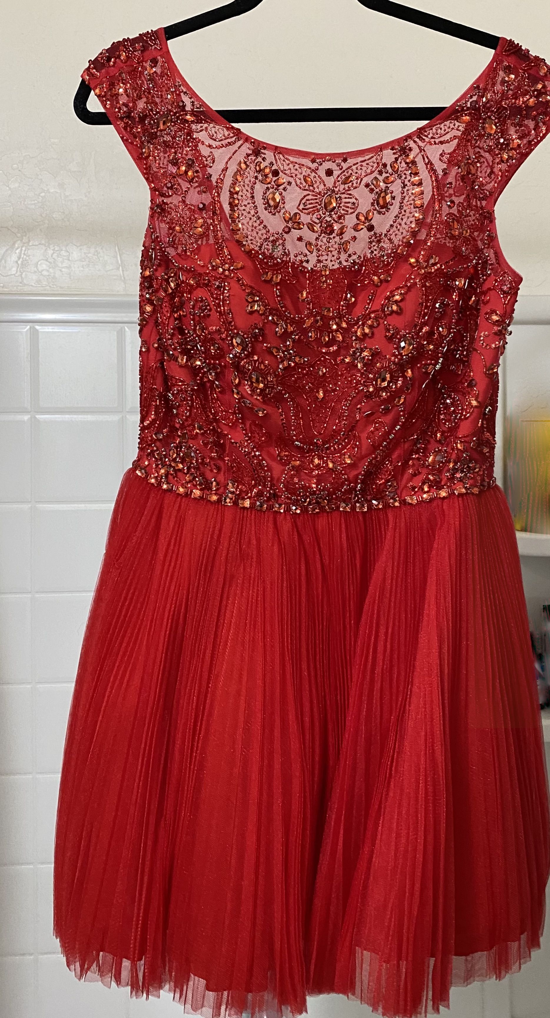 Style #2814 Sherri Hill Size 12 Homecoming Plunge Sequined Red Cocktail Dress on Queenly