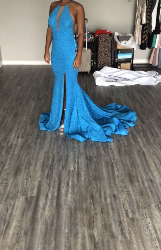 Jovani Size 4 Prom Plunge Blue Dress With Train on Queenly