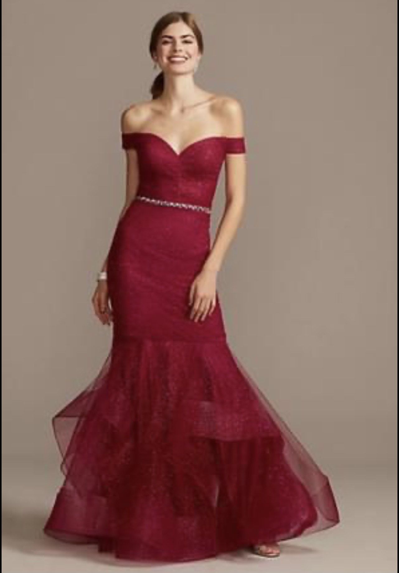 Style 1911P8366D Terani Couture Plus Size 16 Prom Off The Shoulder Red Mermaid Dress on Queenly