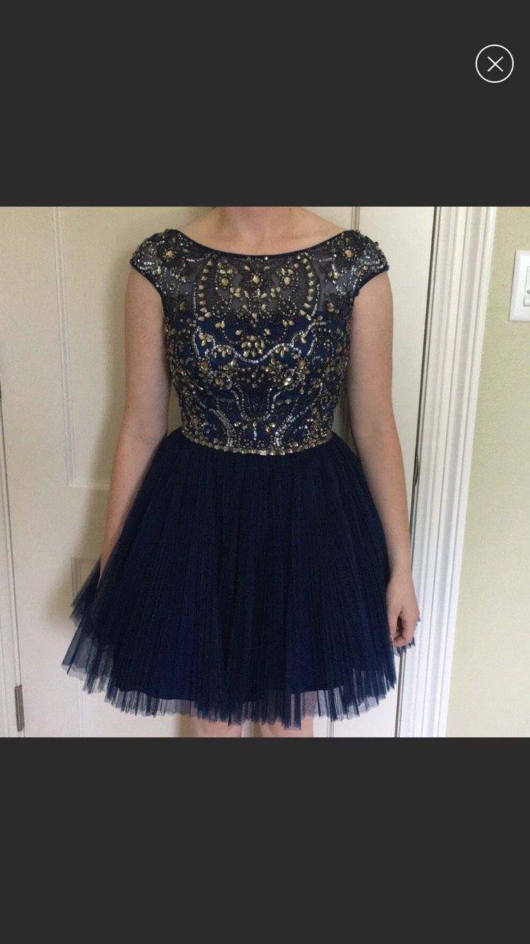 Sherri Hill Size 4 Prom Cap Sleeve Sequined Navy Blue A-line Dress on Queenly