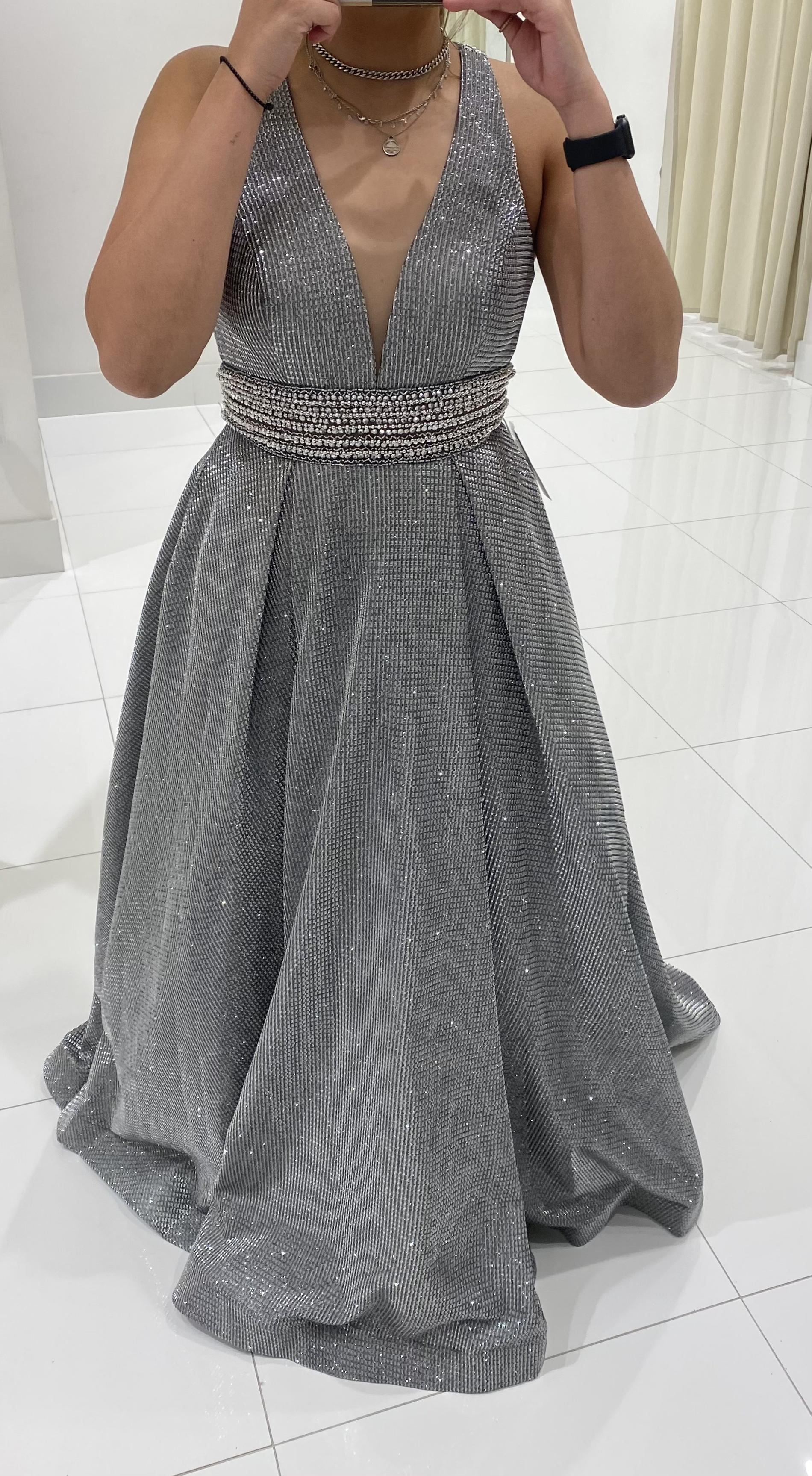 Camille La Vie Size 8 Prom Plunge Silver Ball Gown on Queenly