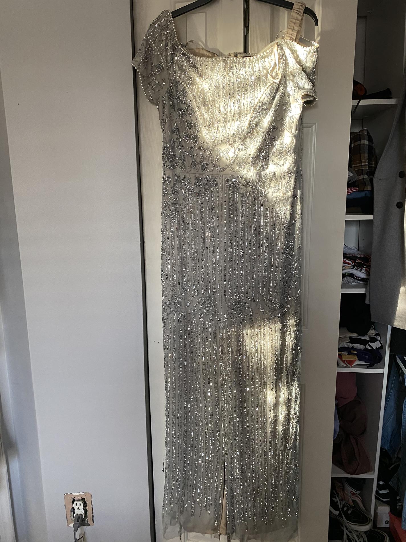 Size 14 Prom Sequined Silver Floor Length Maxi on Queenly