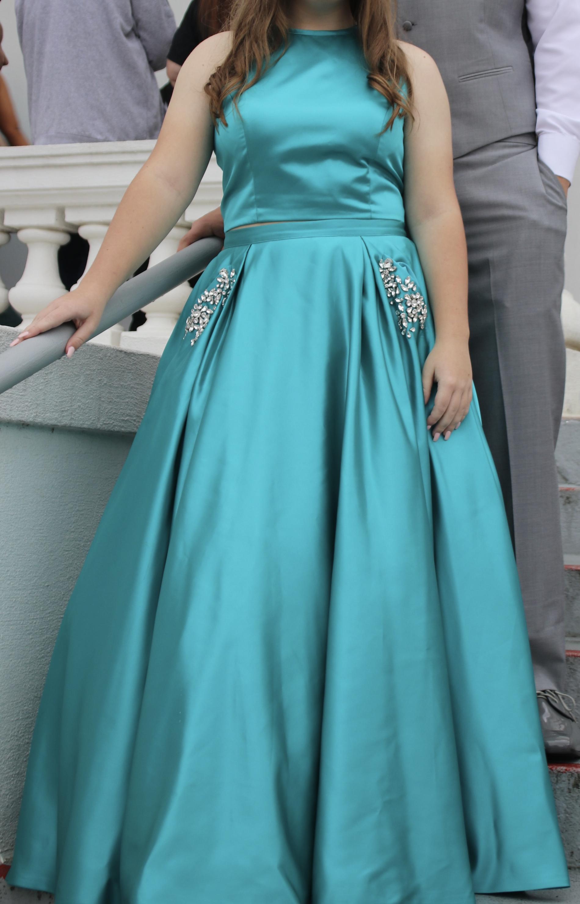 Size 8 Prom Halter Satin Blue Ball Gown on Queenly