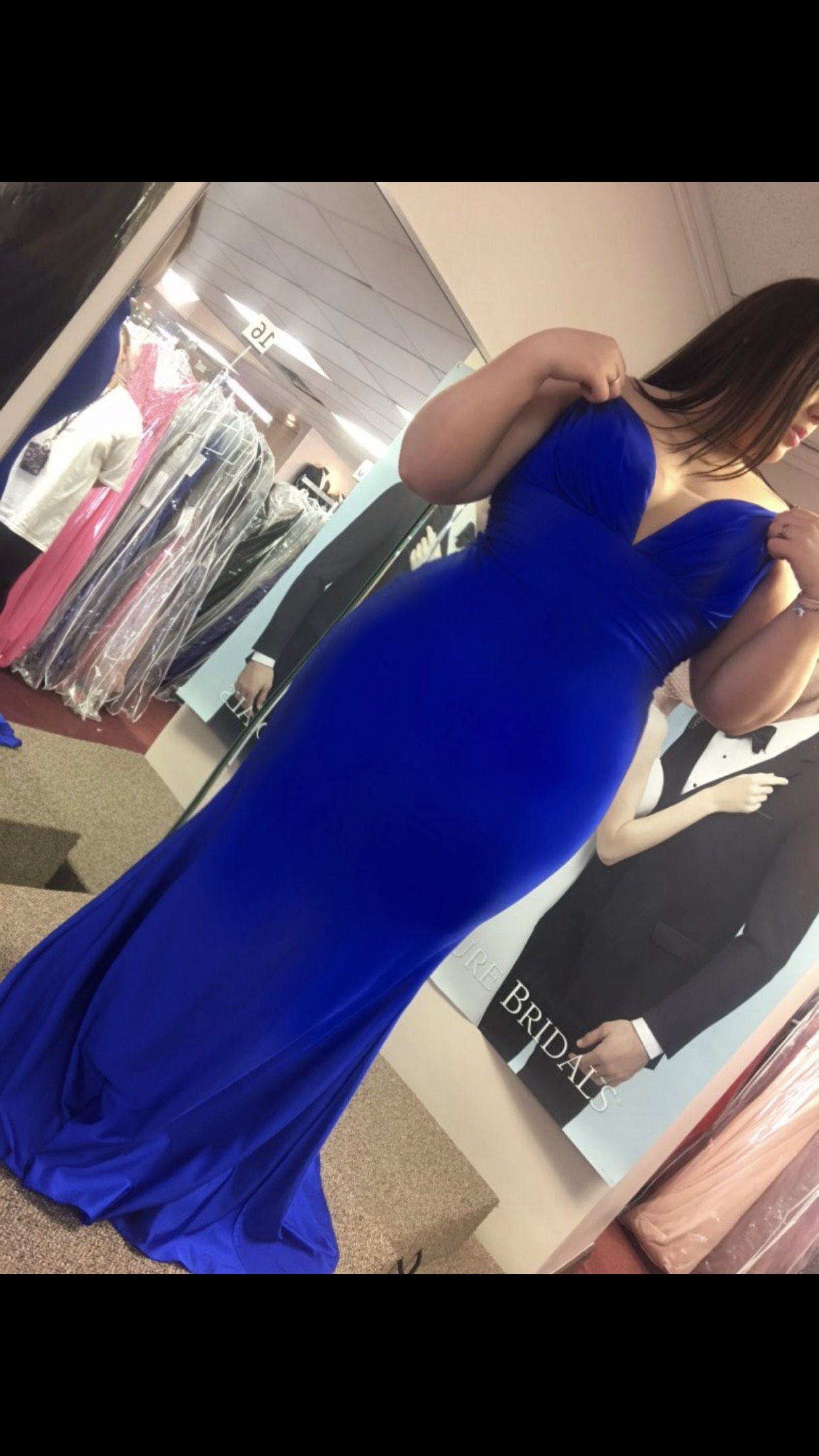 Jovani Size 14 Plunge Blue Mermaid Dress on Queenly