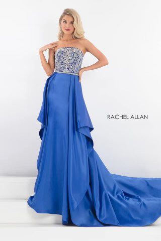 Size 12 Prom Strapless Satin Blue Dress With Train on Queenly