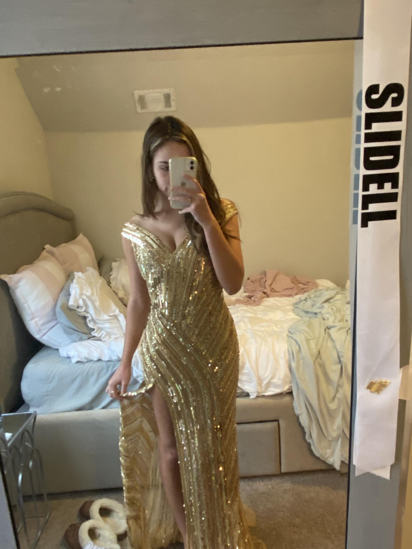 Ashley Lauren Size 4 Pageant Off The Shoulder Gold Side Slit Dress on Queenly