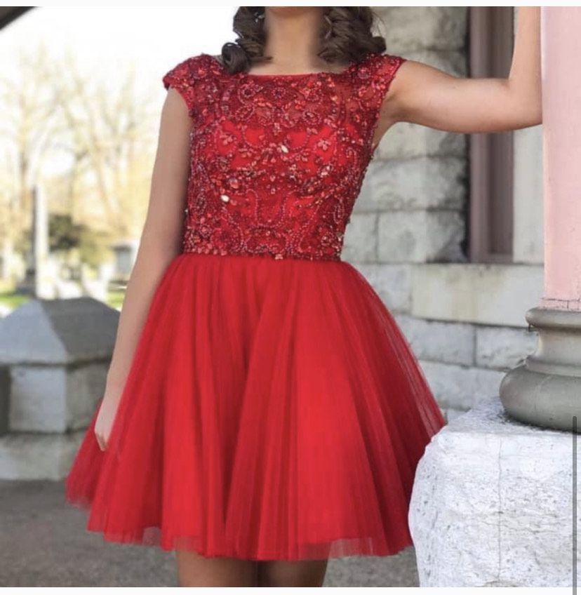 Sherri Hill Size 0 Prom Strapless Sequined Red Cocktail Dress on Queenly