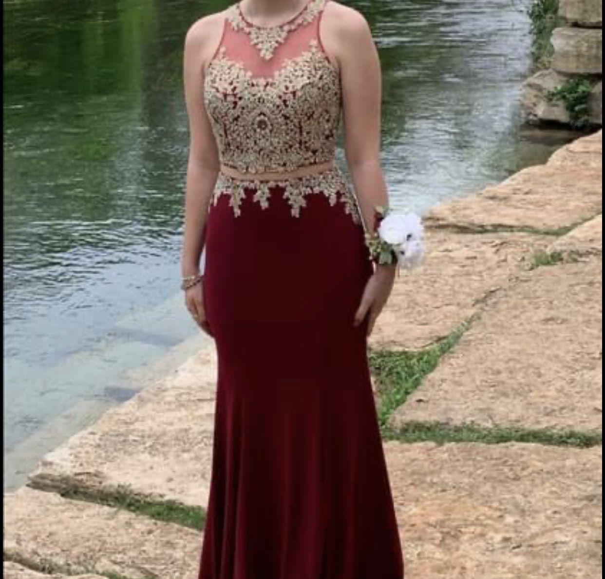 Size 6 Prom Lace Burgundy Red Mermaid Dress on Queenly