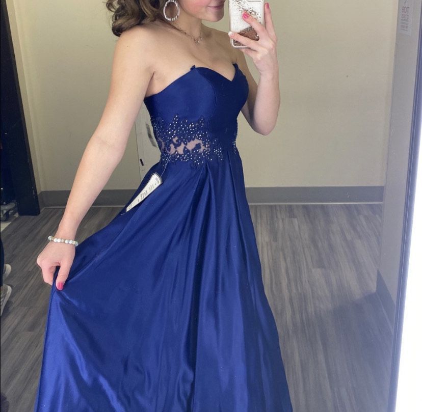 Size 0 Prom Strapless Sheer Navy Blue Ball Gown on Queenly