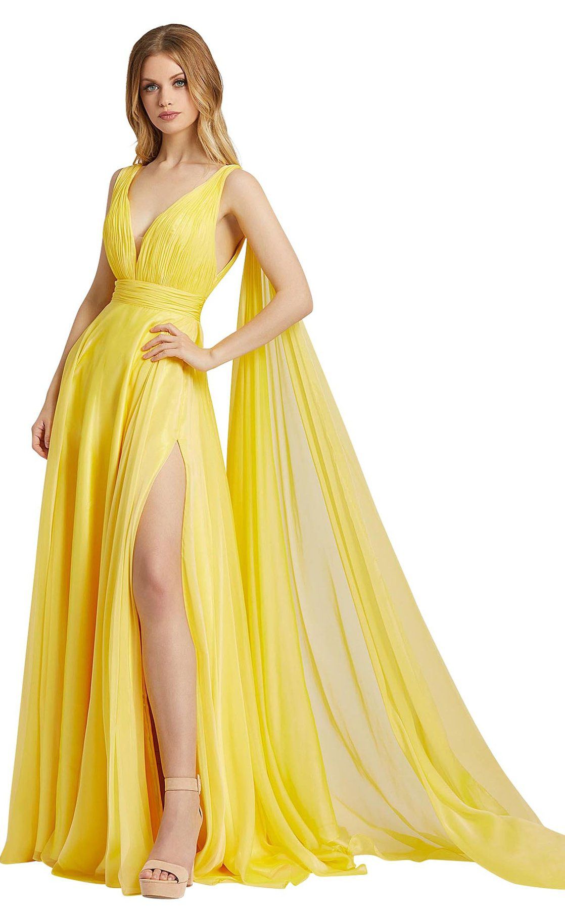 Style 67391L Mac Duggal Size 6 Yellow Side Slit Dress on Queenly