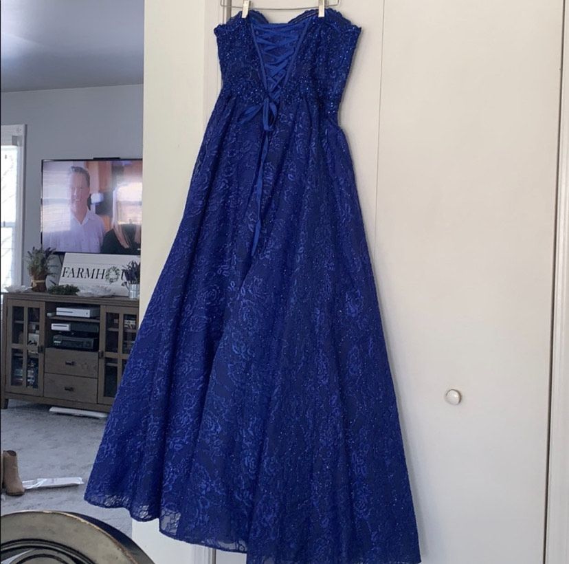 Size 14 Prom Sequined Blue Dress With Train on Queenly