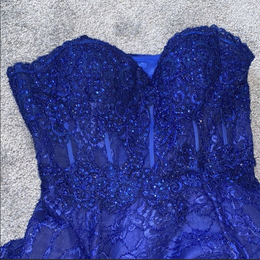 Size 14 Prom Sequined Blue Dress With Train on Queenly