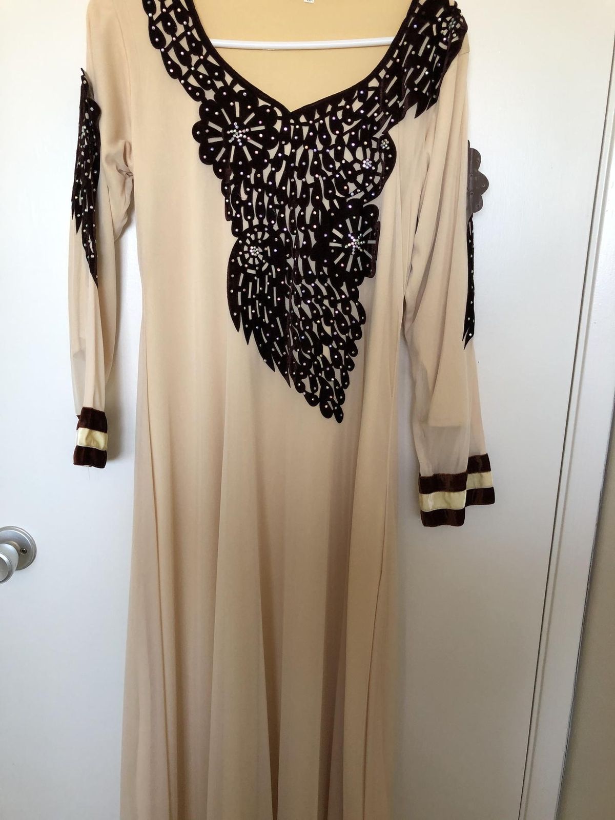 Size 12 Wedding Guest Long Sleeve Nude Floor Length Maxi on Queenly