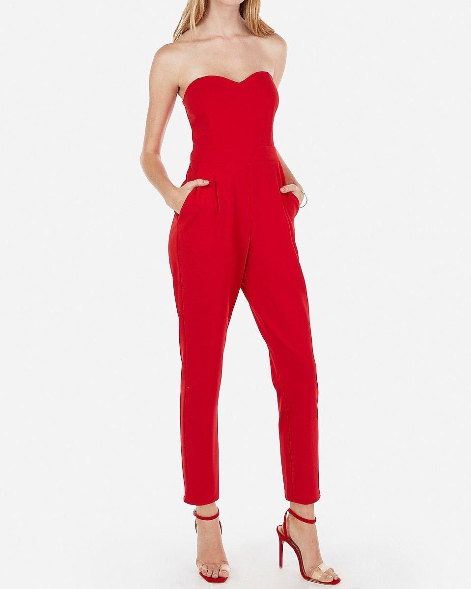 Size 8 Pageant Interview Strapless Red Formal Jumpsuit on Queenly