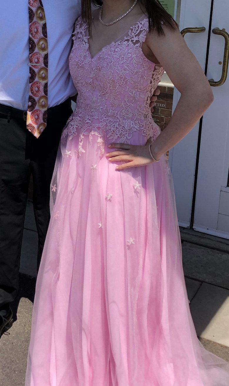 Purchased from Prom Girl site Size 10 Prom Cap Sleeve Lace Light Pink Floor Length Maxi on Queenly