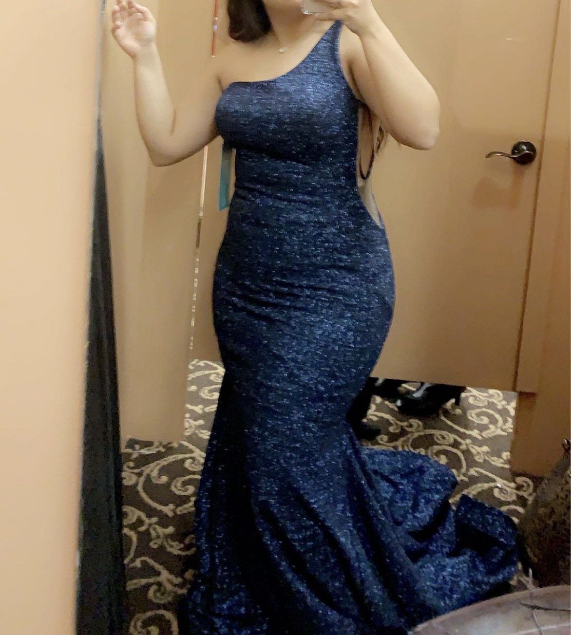 Jovani Size 12 Prom One Shoulder Navy Blue Mermaid Dress on Queenly