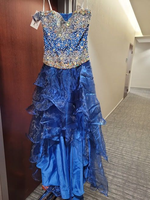 Style 3595 Karishma Creations Size 10 Prom Strapless Blue A-line Dress on Queenly