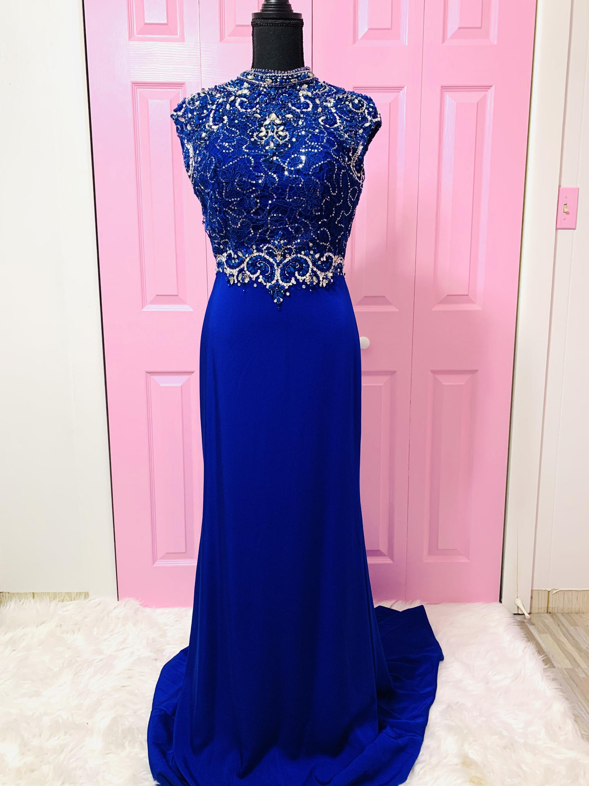 Size 6 High Neck Royal Blue Floor Length Maxi on Queenly
