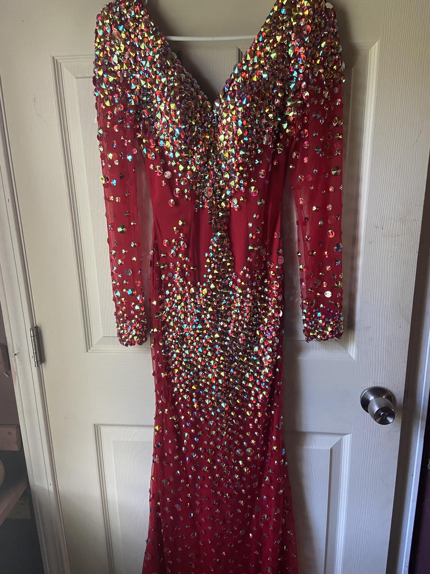 Angela and Alison Size 4 Prom Long Sleeve Sequined Red Floor Length Maxi on Queenly