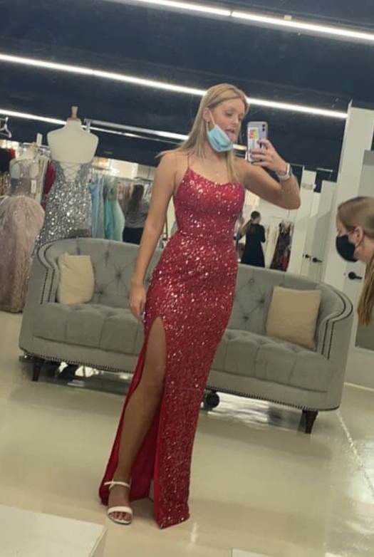 Ashley Lauren Size 4 Prom Sequined Red Side Slit Dress on Queenly