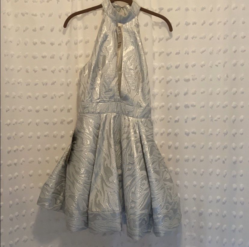 bebe Size 4 Homecoming High Neck Silver Cocktail Dress on Queenly