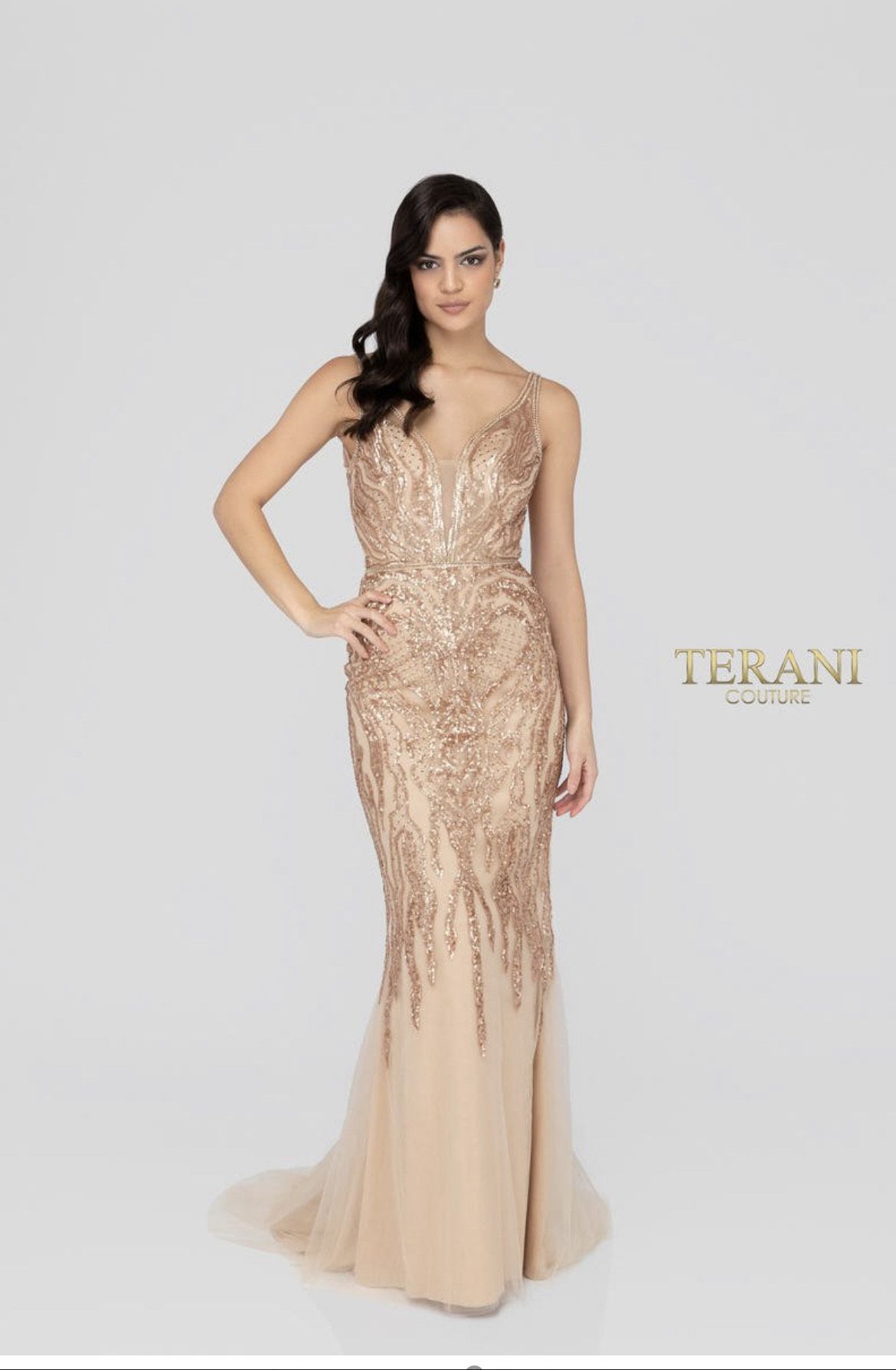 Terani Couture Size 4 Prom Sequined Nude Mermaid Dress on Queenly