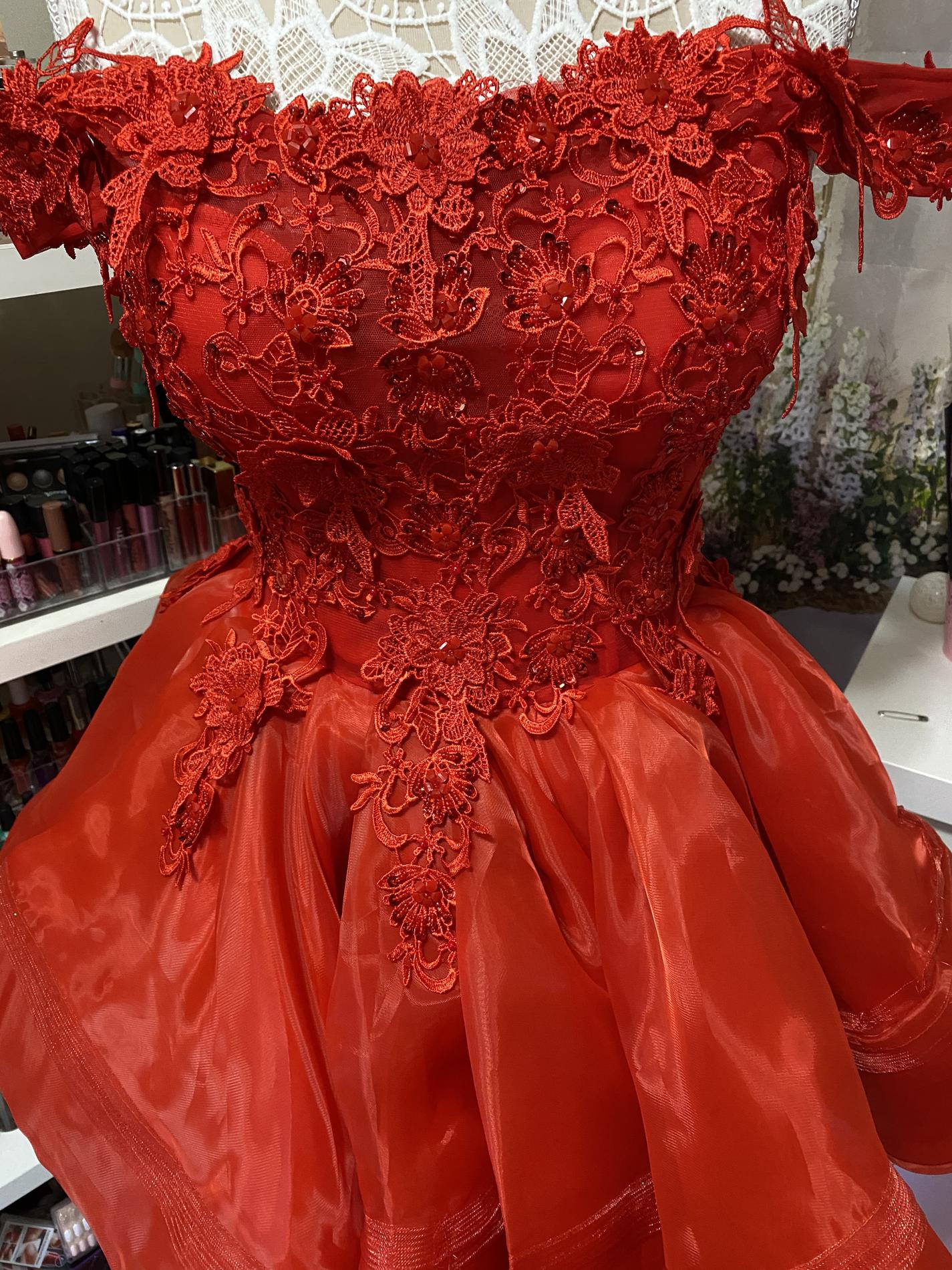 Size 6 Homecoming Off The Shoulder Lace Red Ball Gown on Queenly