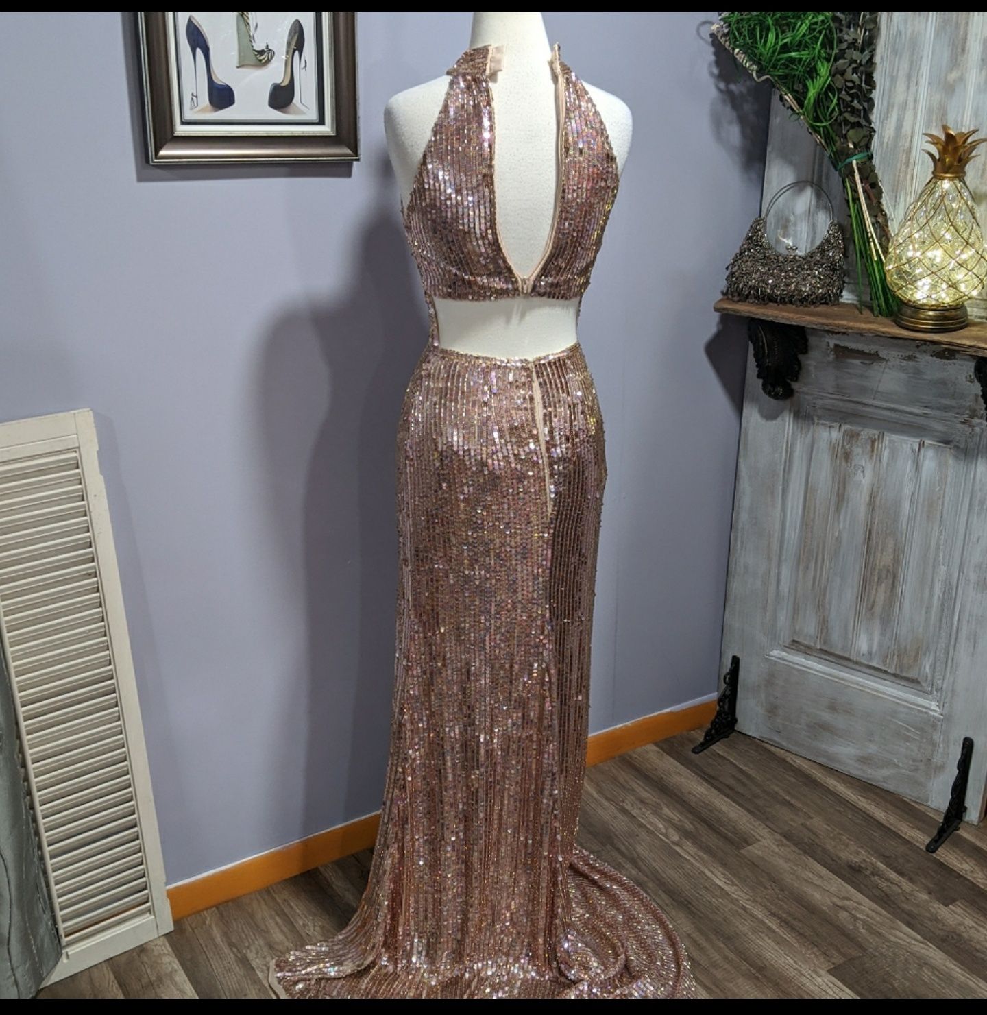 Sherri Hill Gold Size 0 Halter Jewelled Side slit Dress on Queenly