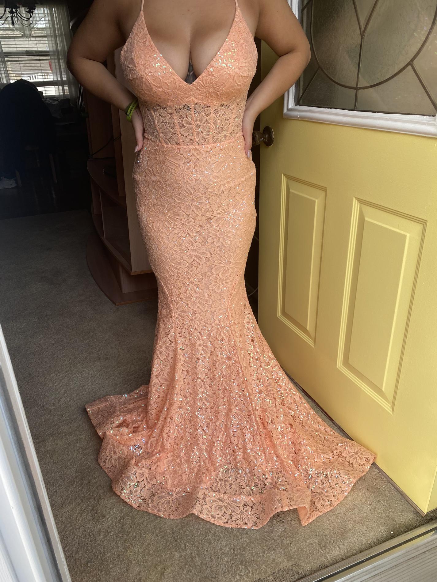 Size 8 Prom Lace Coral Mermaid Dress on Queenly