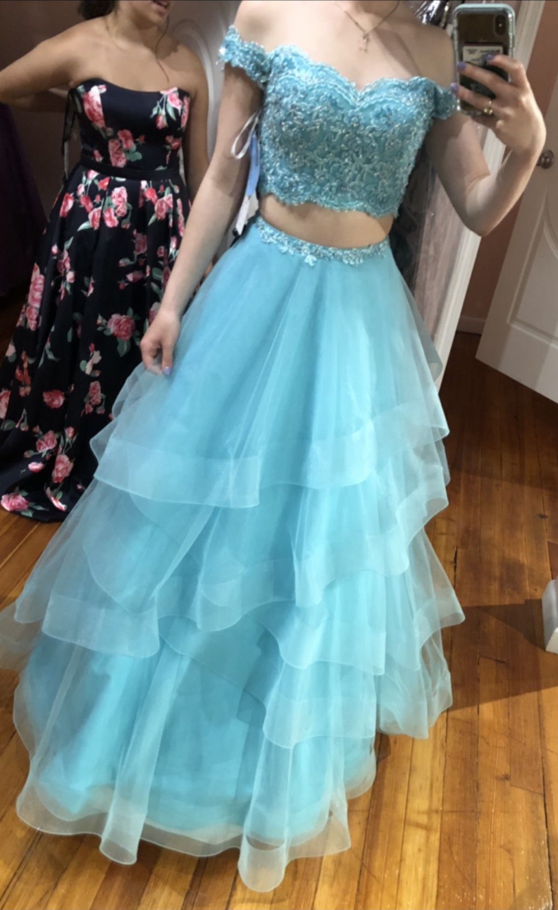 Size 2 Prom Off The Shoulder Lace Light Blue Ball Gown on Queenly