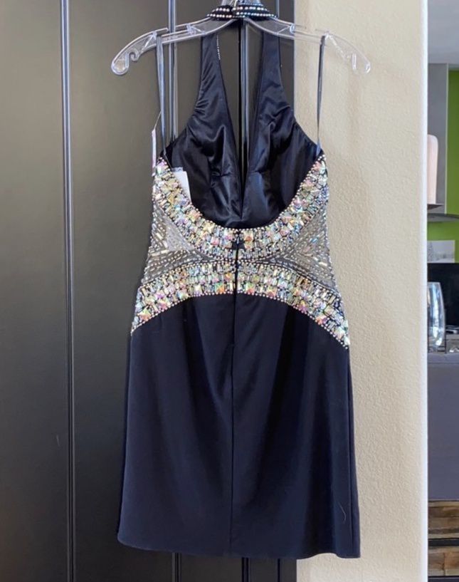 Size 2 Homecoming Plunge Sequined Navy Black Cocktail Dress on Queenly