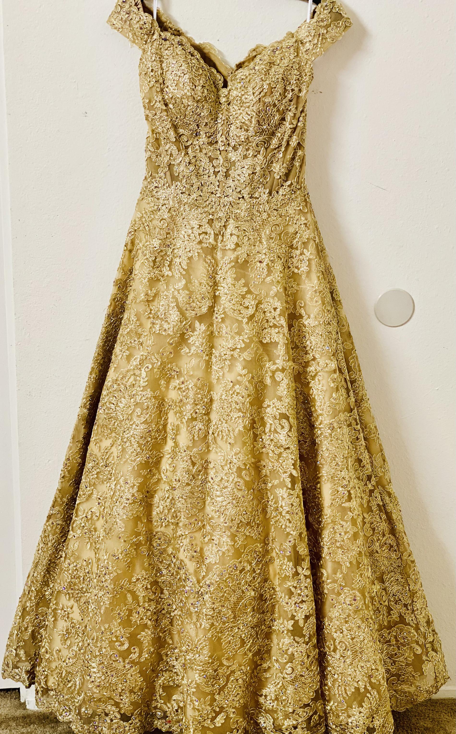 Size 6 Prom Off The Shoulder Gold Dress With Train on Queenly