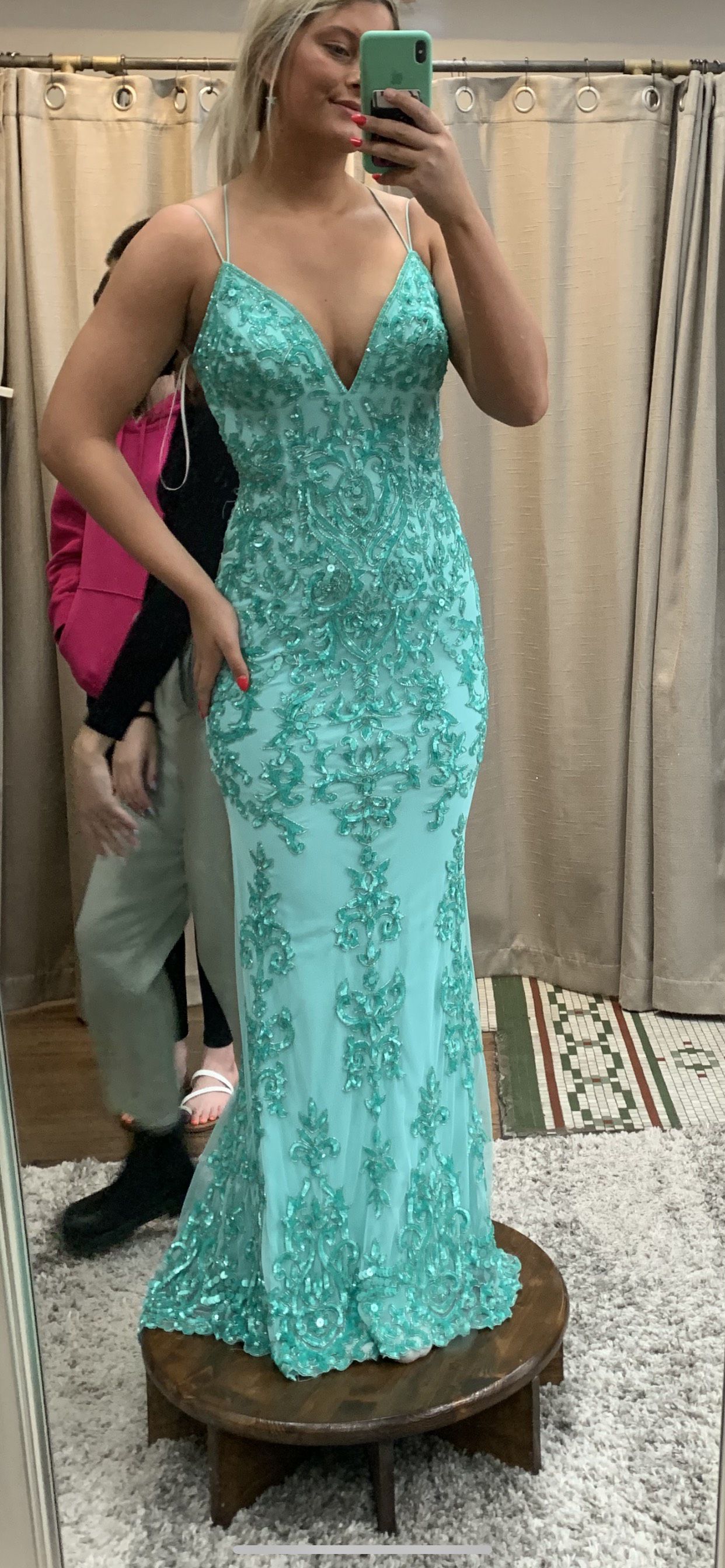 Size 2 Sequined Turquoise Green Floor Length Maxi on Queenly