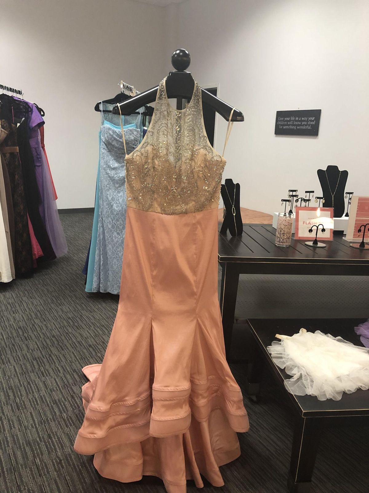 Size 14 Prom Halter Sheer Light Pink Mermaid Dress on Queenly