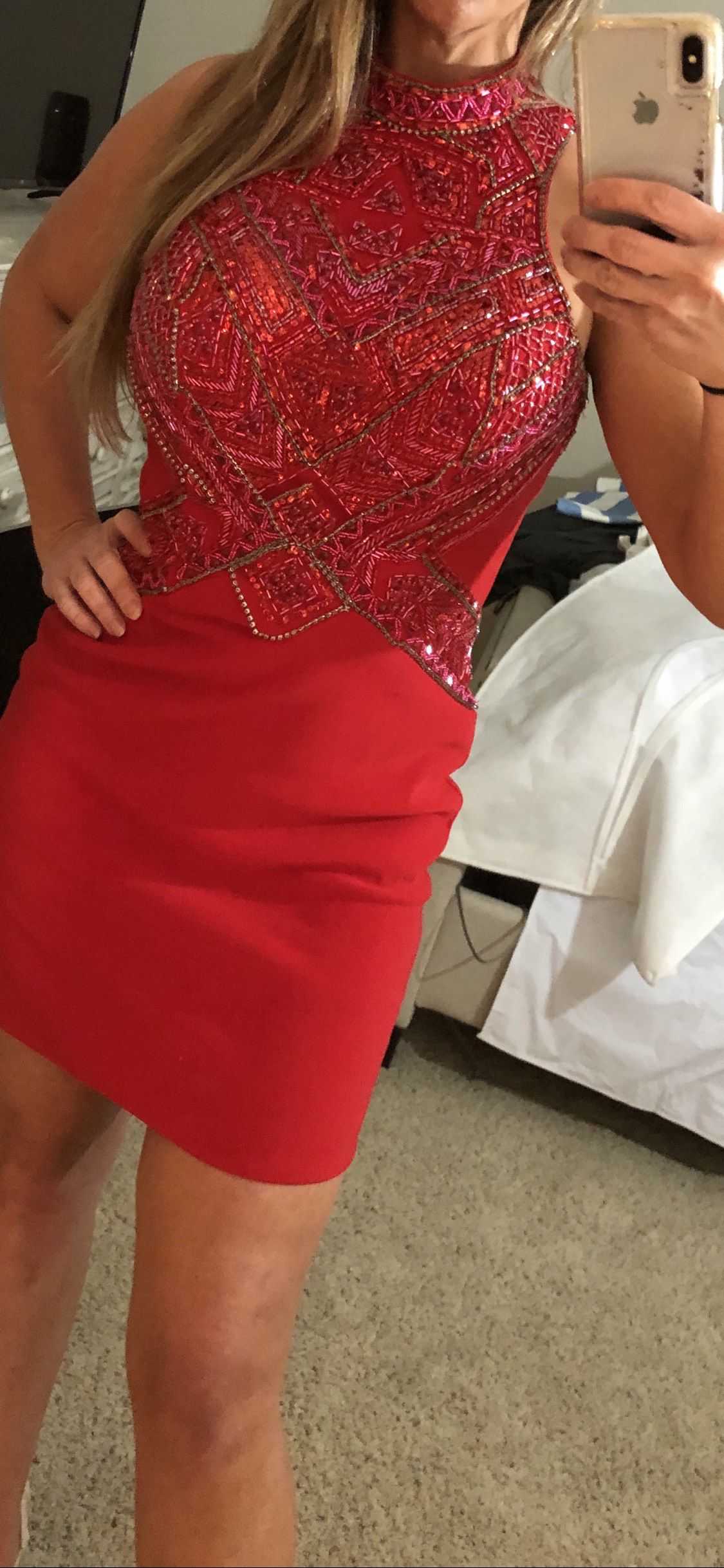 Rachel Allan Size 8 Homecoming Halter Sequined Red Cocktail Dress on Queenly
