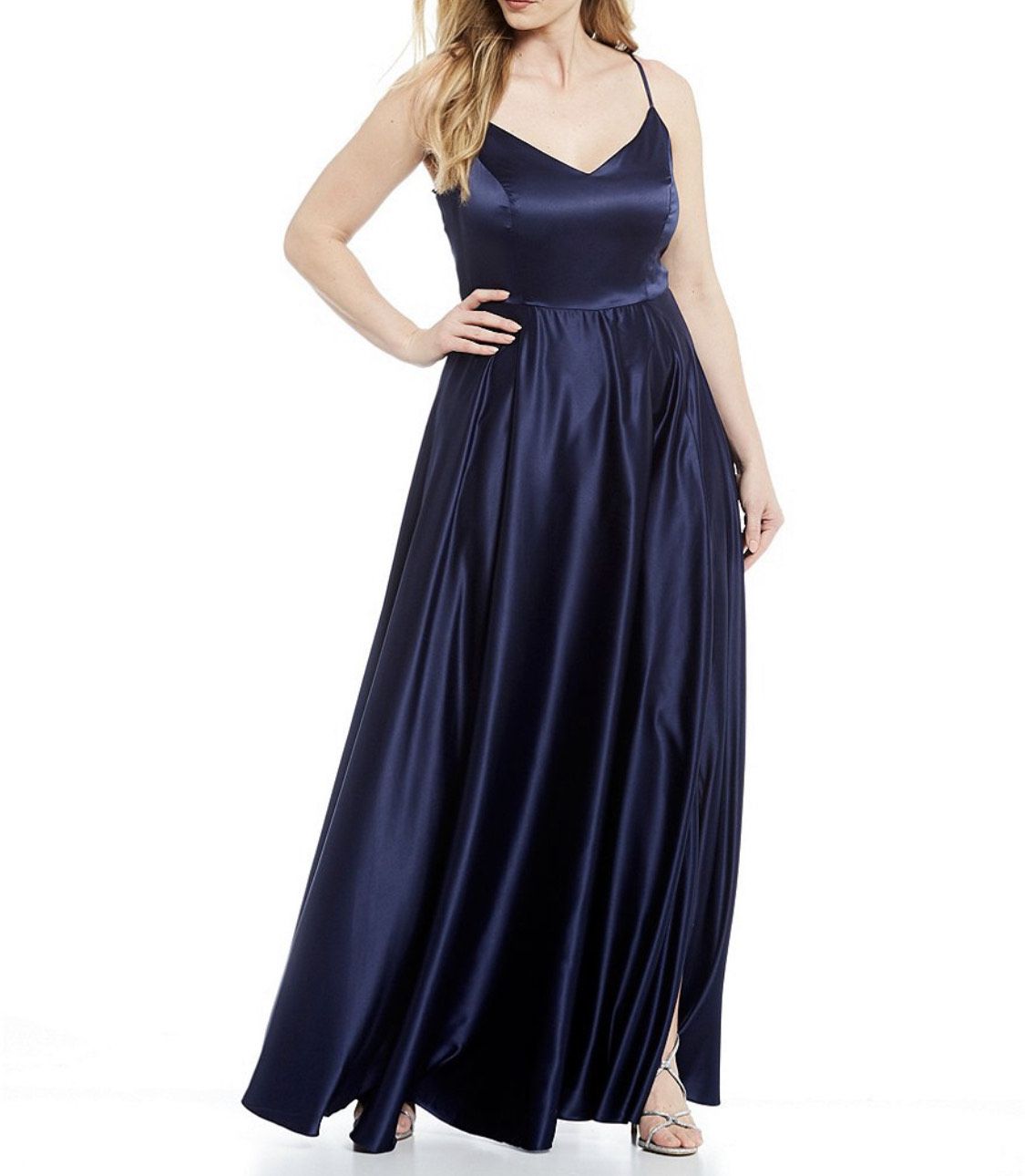 Size 14 Prom Satin Blue A-line Dress on Queenly