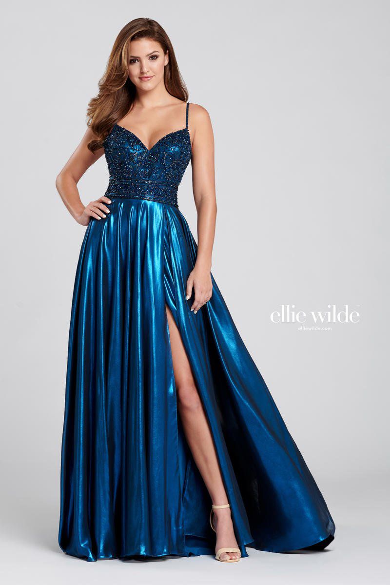 Style EW120107 Ellie Wilde Size 6 Prom Satin Blue Side Slit Dress on Queenly