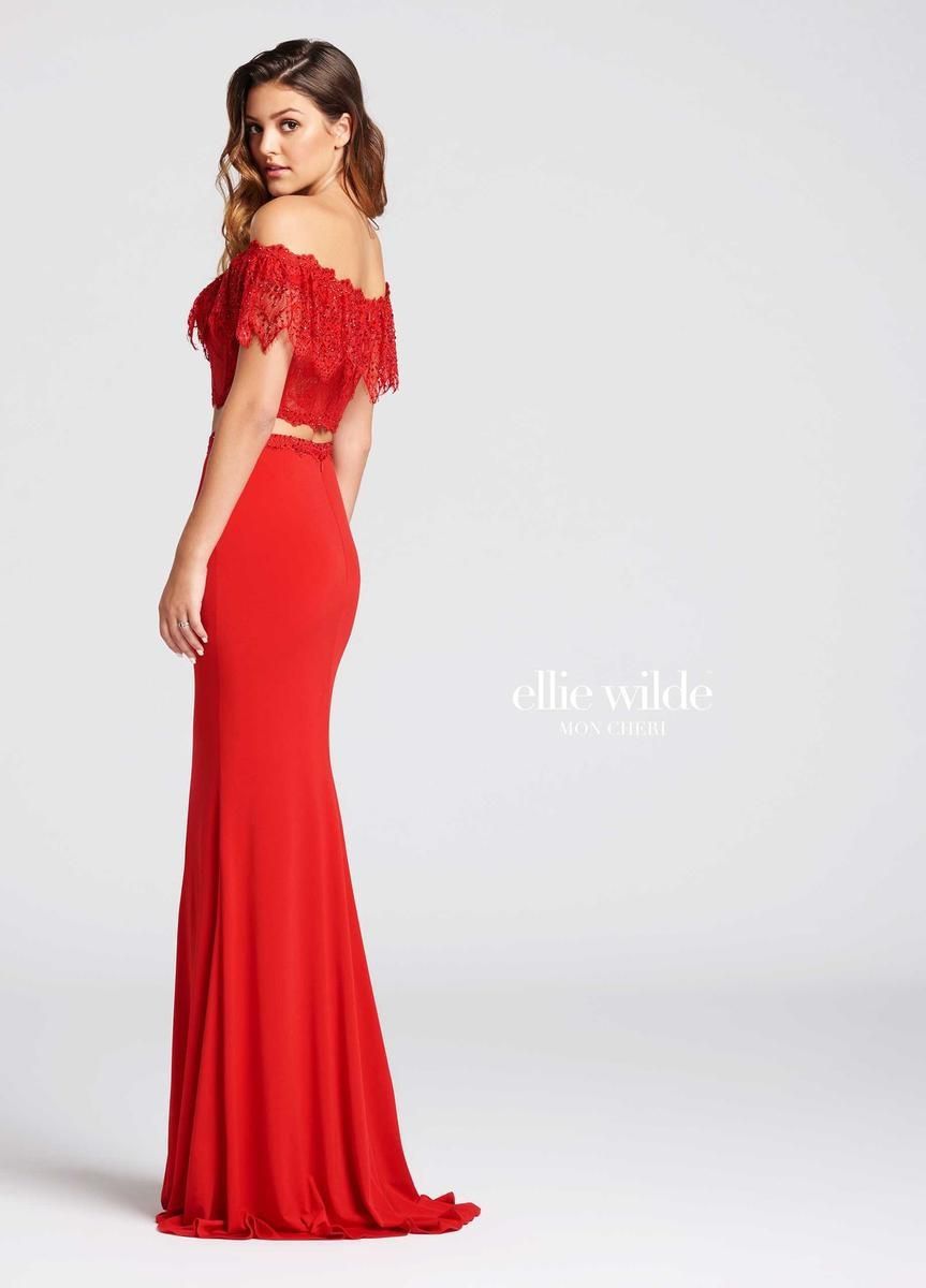 Style EW118017 Ellie Wilde Size 0 Prom Off The Shoulder Lace Red Mermaid Dress on Queenly