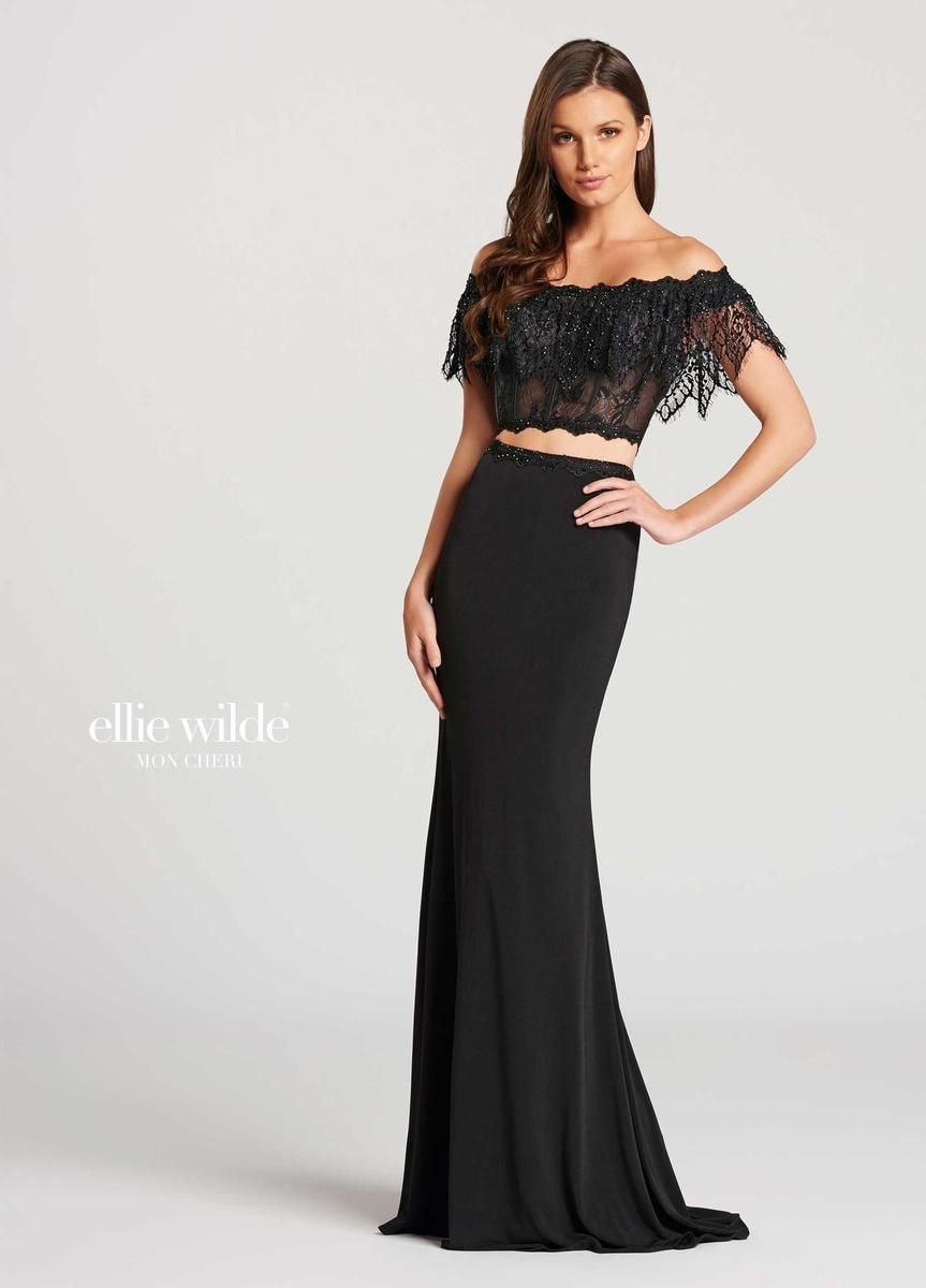 Style EW118017 Ellie Wilde Size 2 Prom Off The Shoulder Lace Black Mermaid Dress on Queenly