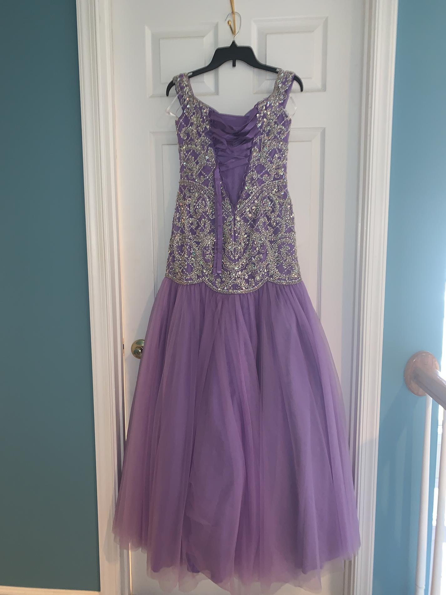 Size 4 Prom Off The Shoulder Sequined Purple Ball Gown on Queenly