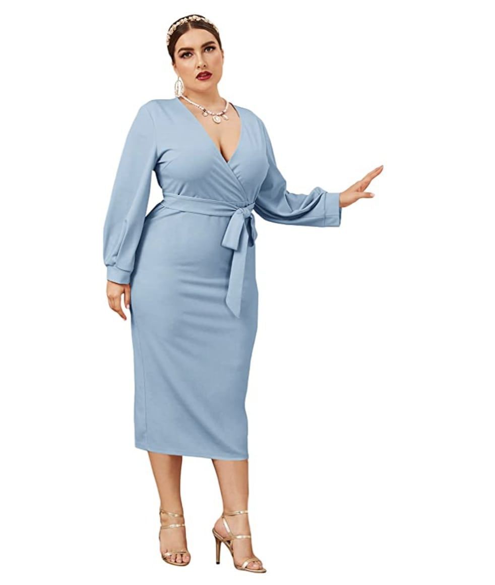 Style B07XK6R7M Verdusa Plus Size 22 Wedding Guest Long Sleeve Light Blue Cocktail Dress on Queenly