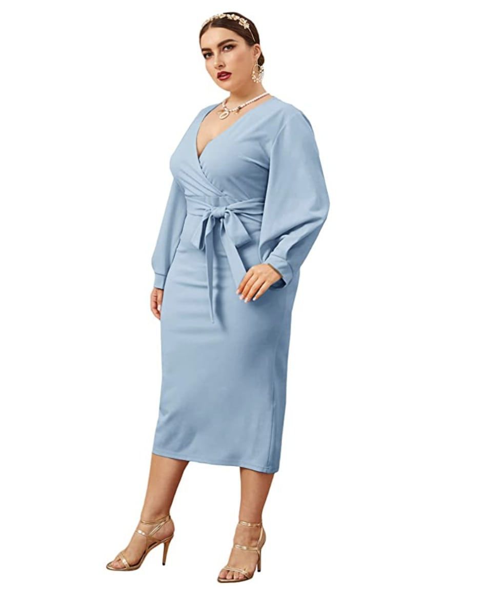 Style B07XK6R7M Verdusa Plus Size 18 Wedding Guest Long Sleeve Light Blue Cocktail Dress on Queenly
