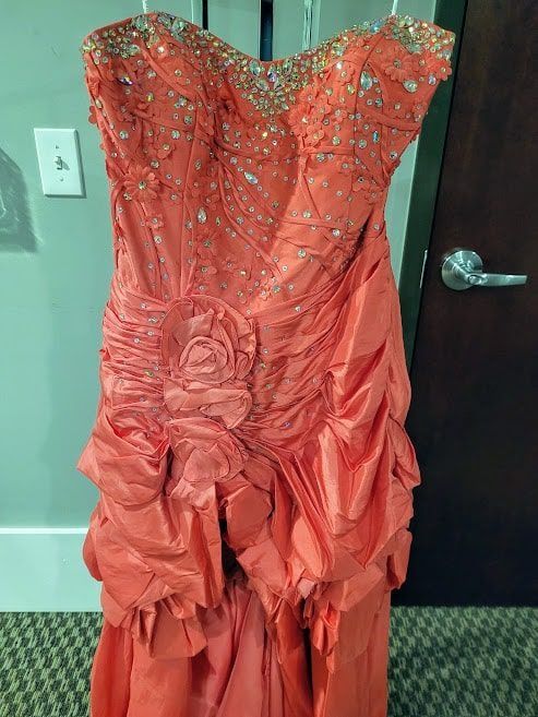 Style P50064  Precious Formals Plus Size 16 Strapless Orange Side Slit Dress on Queenly