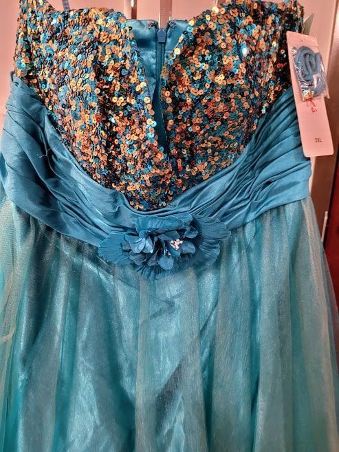 Style 5053 Let’s Prom Plus Size 16 Floral Turquoise Blue A-line Dress on Queenly