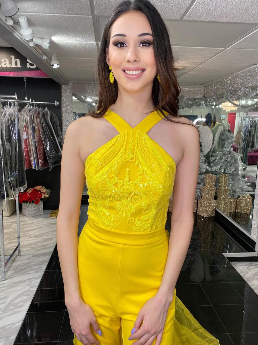Style 2355 Fernando Wong Yellow Size 6 Tall Height Halter Fun Fashion Jumpsuit Dress on Queenly