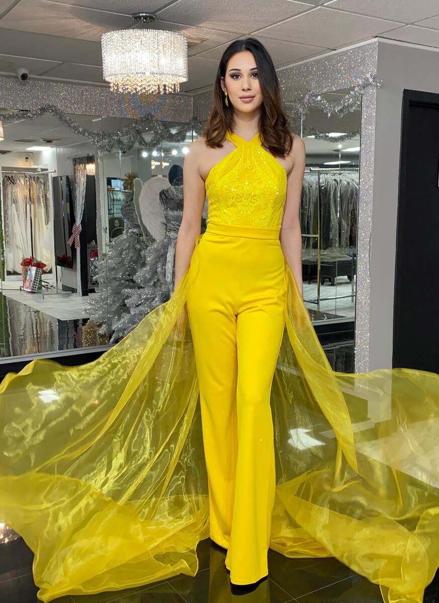 Style 2355 Fernando Wong Size 6 Pageant Halter Yellow Formal Jumpsuit on Queenly